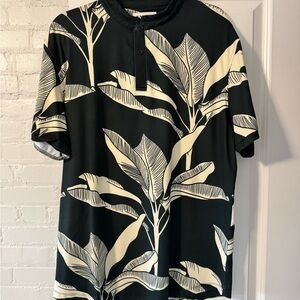 Mantra Brand Men's Dark Green and Cream Leaf Print Shirt XL- Mandarin Collar